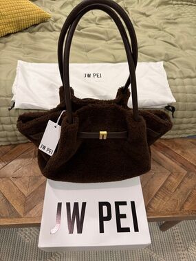 JW PEI Dark Brown Faux-Shearling Tote with Top Handles
